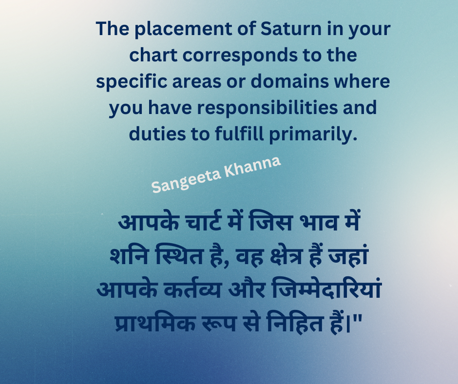 The placement of Saturn in your astrological chart corresponds to the specific areas or domains where you have responsibilities and duties to fulfill.