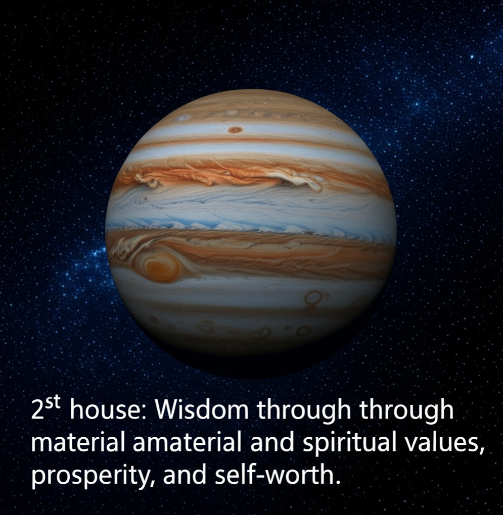2nd house: Wisdom through material and spiritual values, prosperity, and self-worth.