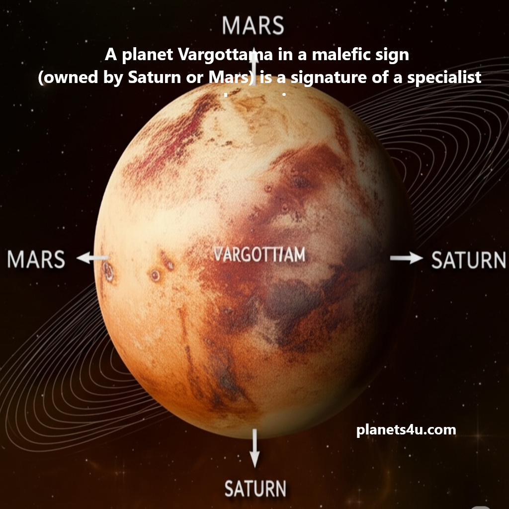 The effects when vargottam planet is placed in malefic sign owned by Saturn or Mars